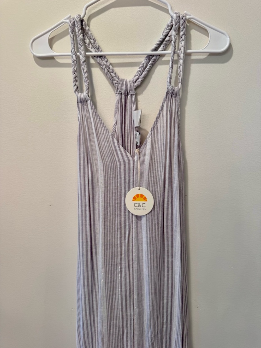 C&C California Light Gray Ribbed Striped Maxi Dress with Braided Straps